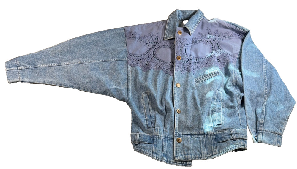 Vintage 90s Together Denim Lace Jacket Women M Batwing Acid Wash Boho Western